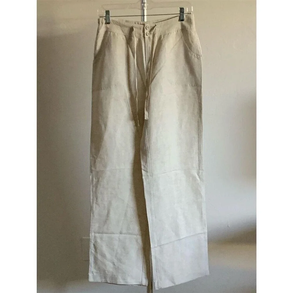 Coldwater Creek Womens Wide Leg Pants 4 Beige Linen Rayon Drawstring Casual
